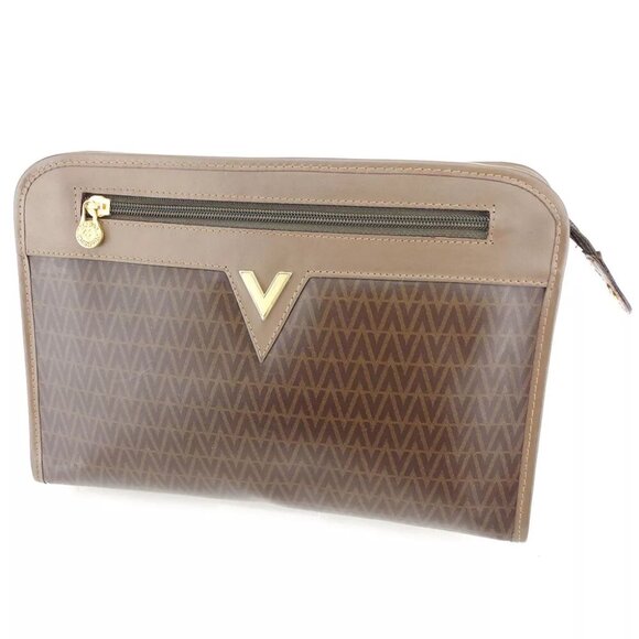 Mario Valentino clutch bag V mark Brown Beige Gold Women Men Authentic
